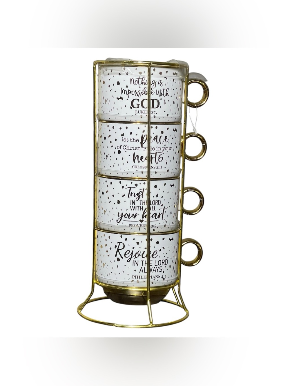 Stackable Ceramic Coffee Mugs 12oz Gold Trim & Speckles Bible Versus, Set of 4